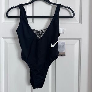 Nike Black One Piece Swimsuit with White Logo XS “Move to Zero” NWT